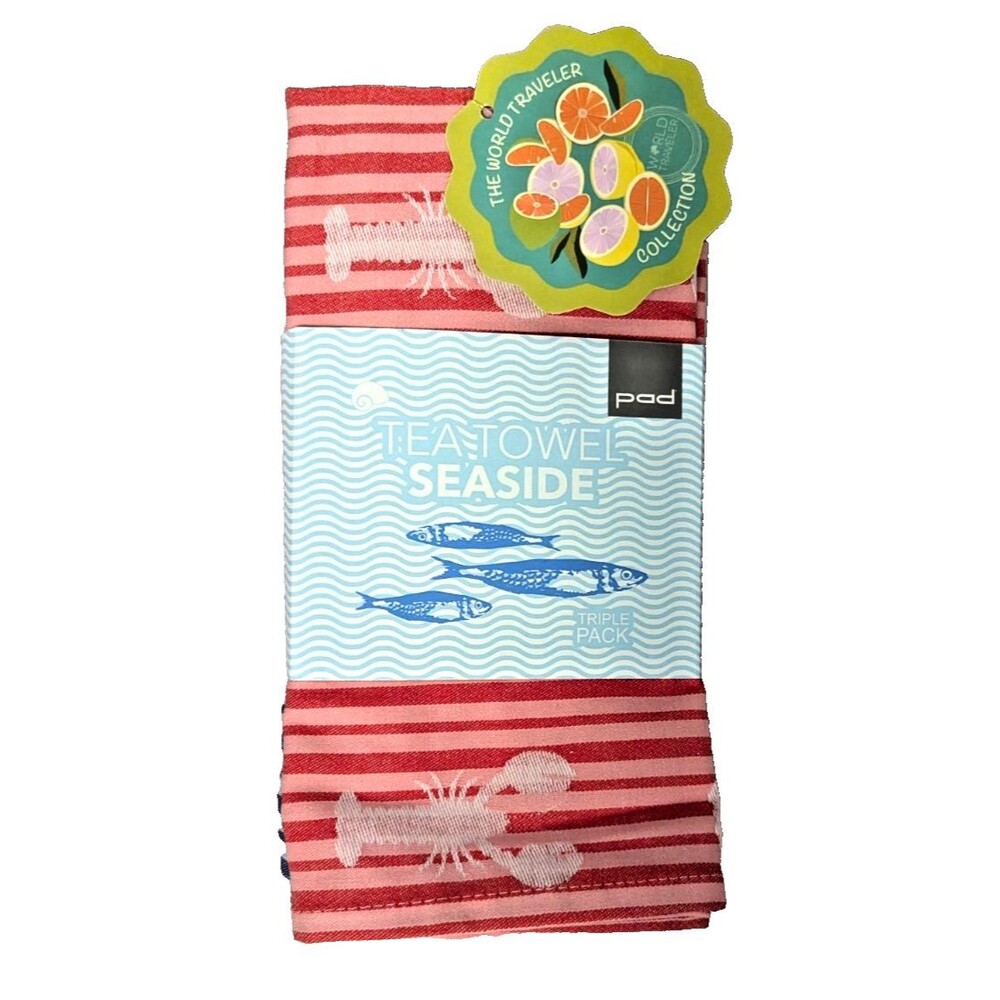 Seaside Lobster Striped Tea Towels 3-pc Cotton 50 x 70-in Red Blue Tan 50" x 70"